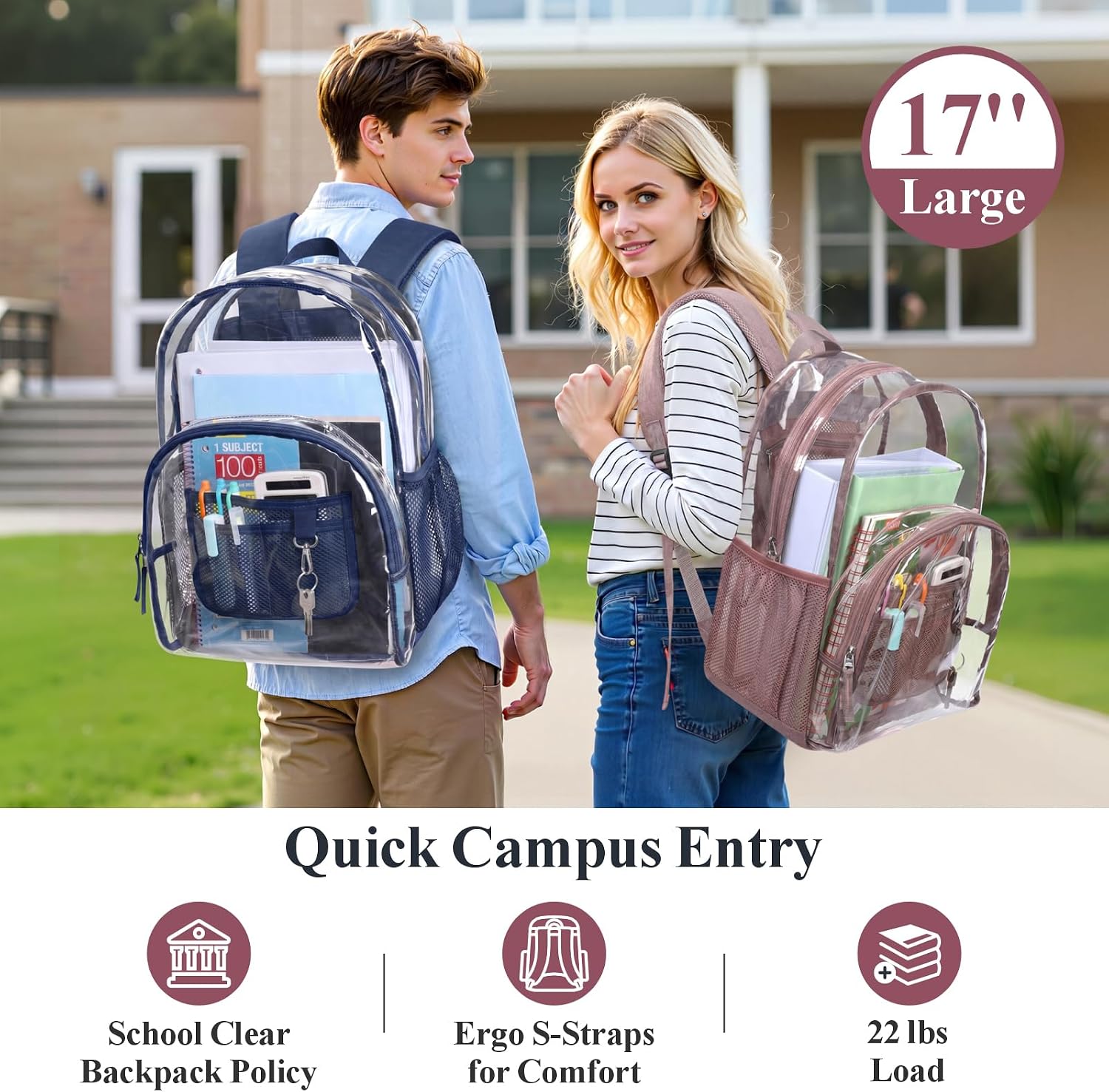 Clear Backpack for School - 17 inch Heavy Duty Clear Bookbag | Reinforced Stitching, 900D Oxford Base, Padded Straps, 0.5mm Thick PVC, Fit 16" Laptop, Support 22 lbs. Age 12+ Students thumbnail