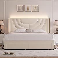 Vista 3 de HITHOS - Base de cama LED tapizada con 2 cajones de almacenamiento, cama de plataforma de terciopelo con cabecera con alas laterales, listones