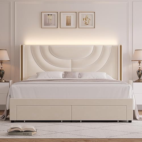 Miniatura 3 de HITHOS Base de cama LED tapizada de tamaño matrimonial con 2 cajones de almacenamiento, plataforma de terciopelo con cabecera con respaldo de ala,