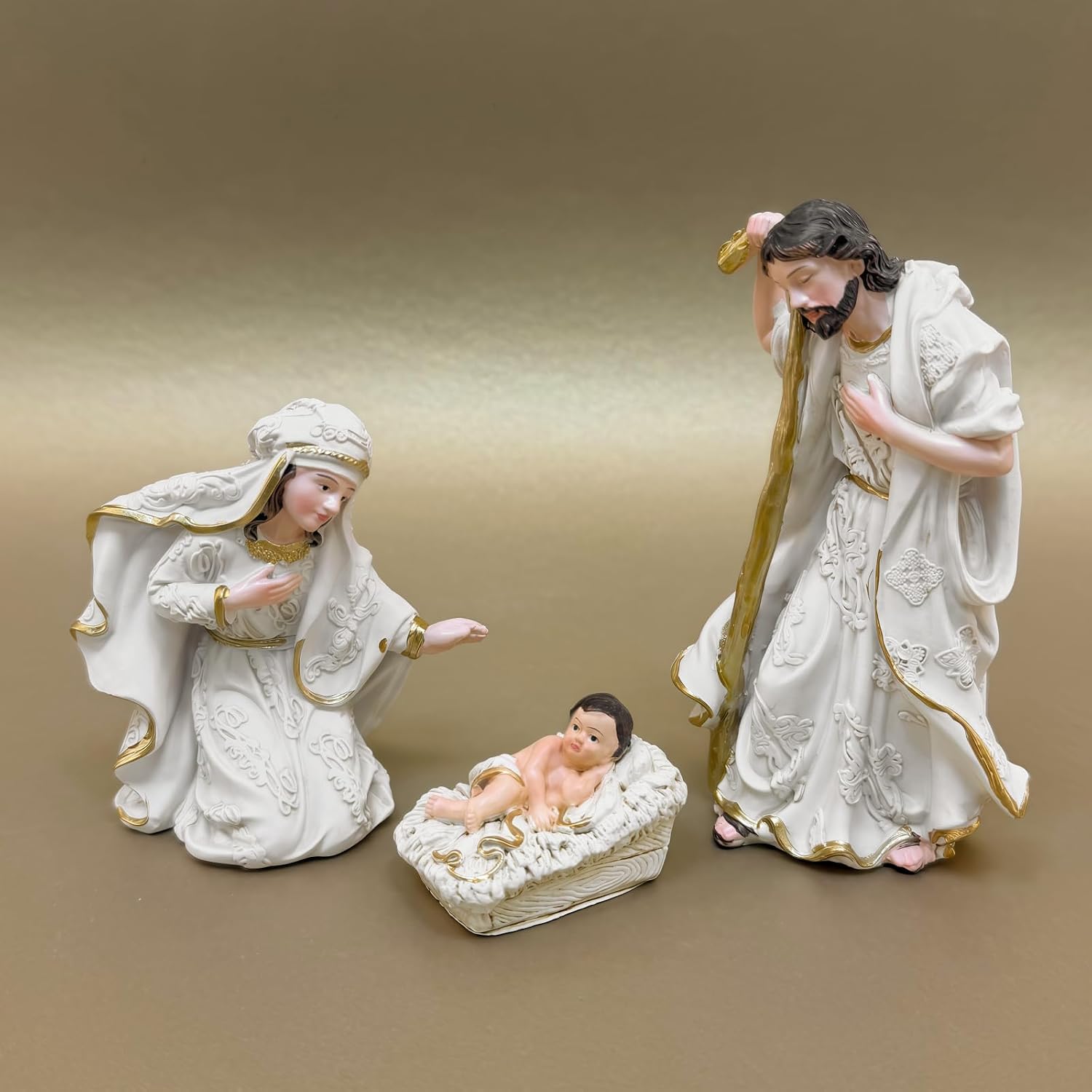 White Gilded Nativity Resin Figurines Decorative Christmas Religious Gift | Sturdy weatherproof resin, lifelike hand-painted details, ideal ornament for church, mantel and shelf
