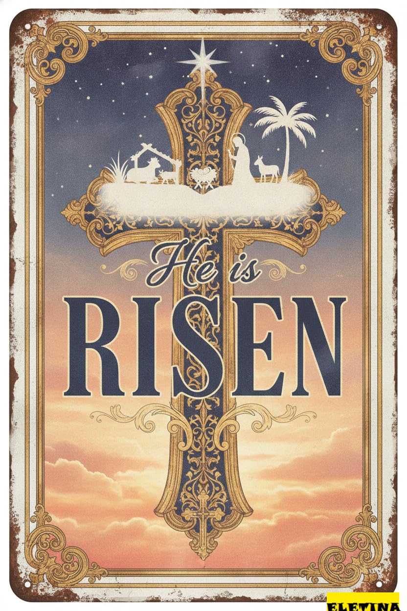 He Is Risen Easter Bible Verse Nativity Scene Retro Vintage Metal Sign Front Porch Kitchen Bedroom 8x12in