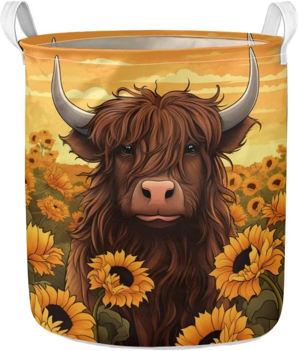 Xhuibop Sunflower Highland Cow Laundry Basket Collapsible Storage Basket with Handles Foldable Laundry Hamper Dorm Room Dirty Clothes Storage Basket