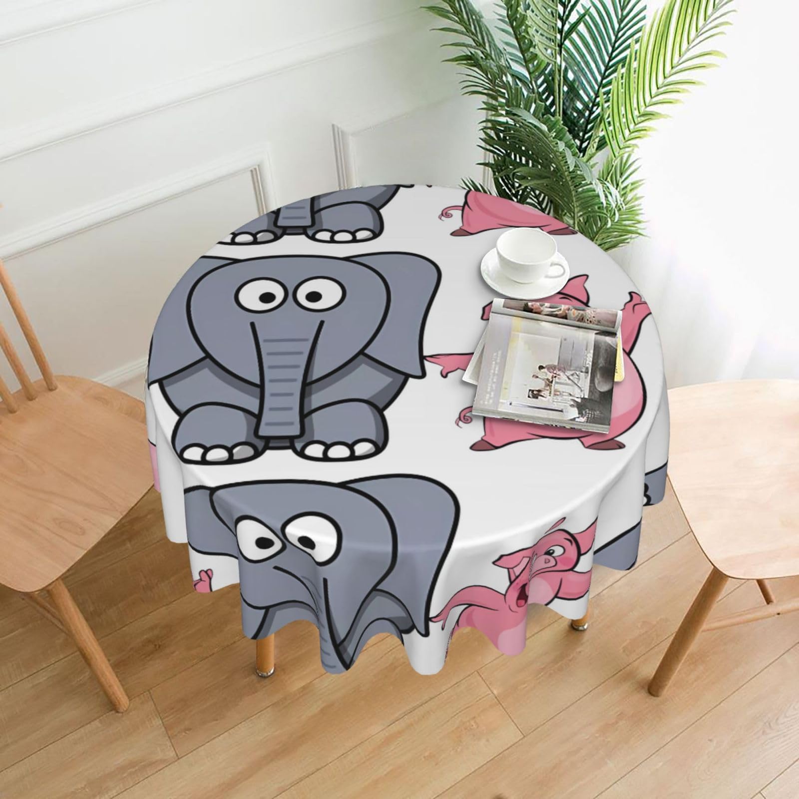 WHJSSF Elephant and Piggie Prints Round Decorative Table Throw 60 Inch – Waterproof Table Cover for Dining, Coffee Tables, and Outdoor Events