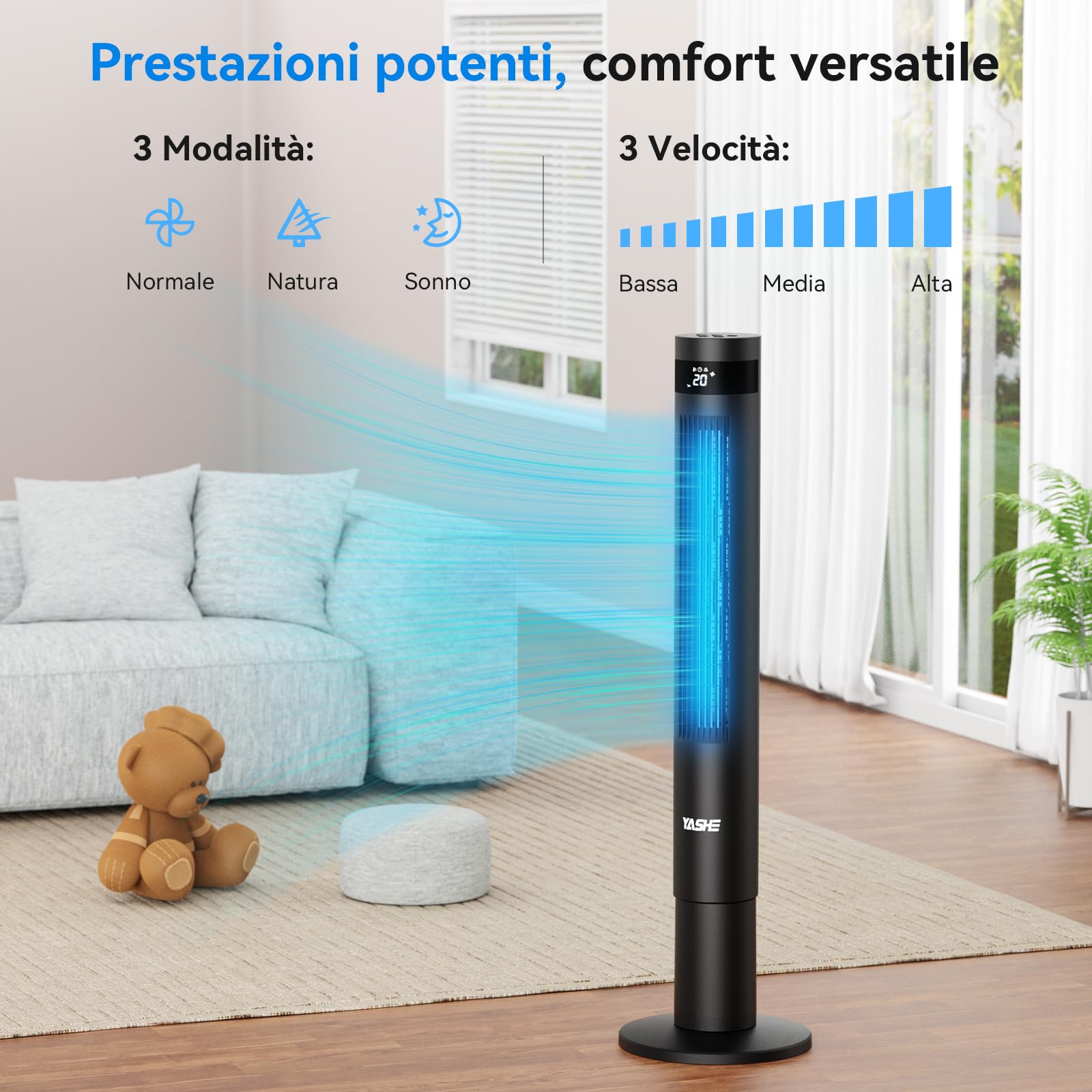 YASHE 43'' Ventilatore a Torre, 85° Oscillazione Ventilatore Senza Pale, 28dB Ventilatore a Torre Silenzioso, 3 Velocità 3 Modalità di Ventilazione, Ventilatore a Colonna con Telecomando