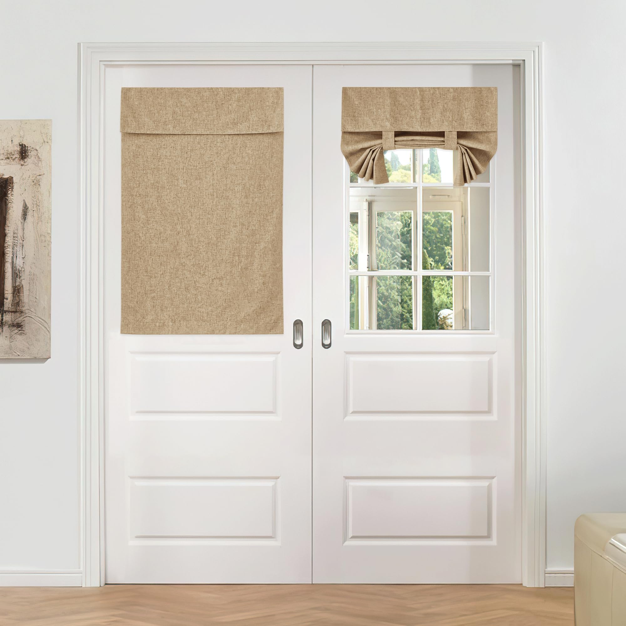 KGORGE100% Blackout Back Door Curtain, Total Privacy Linen Blended French Door Blinds Tie Up Shade Window Covering for Farmhouse Small Window, W26 x L40, Camel, 1 Panel
