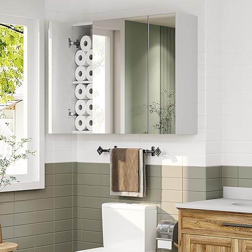 Miniatura 7 de DICTAC Botiquín de baño con luces y 2 tomas de corriente y puertos USB de 276 x 24 pulgadas armario LED montado en la pared con 3 puertas de espejo