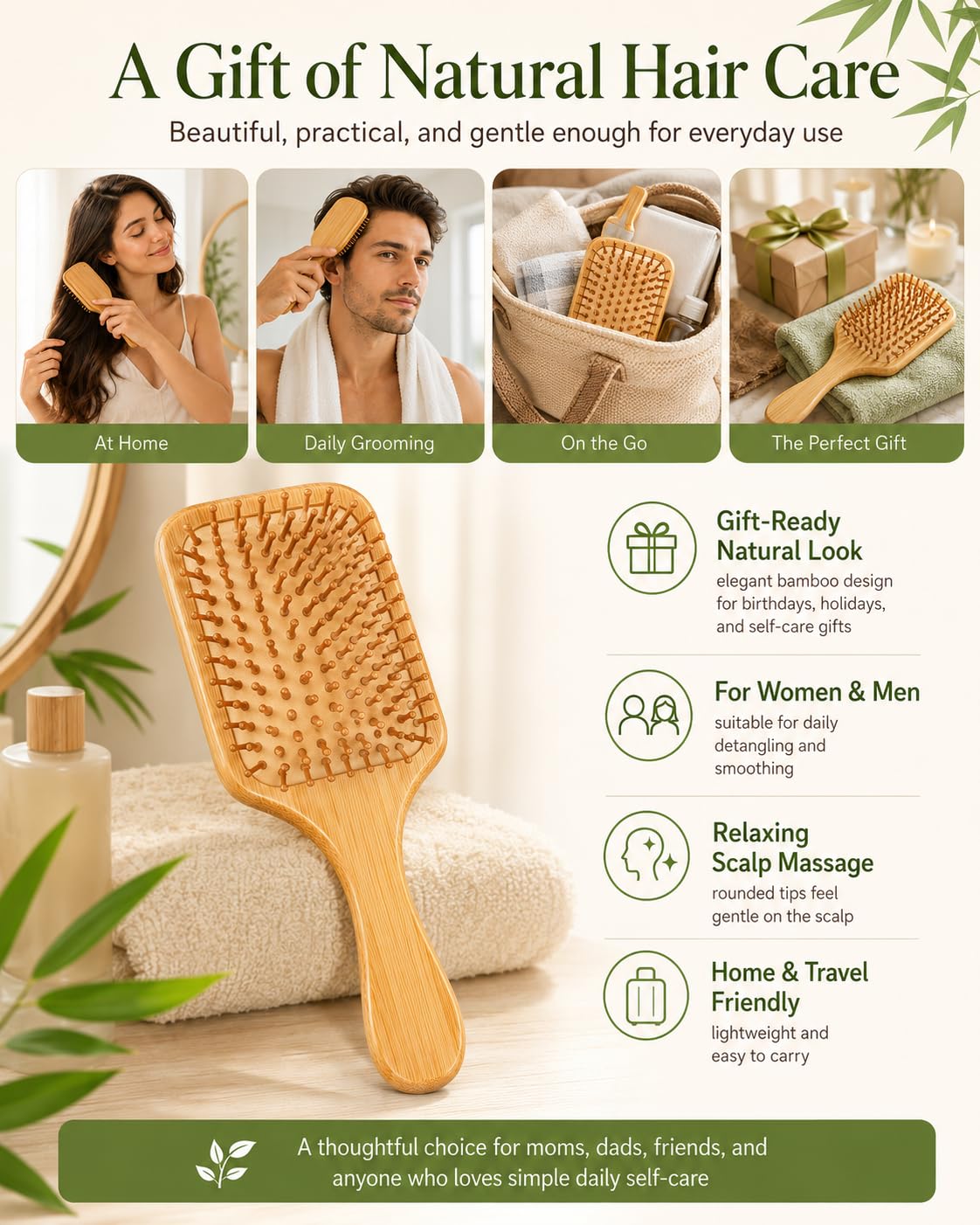 10 Pcs Bamboo Hair Brush, Detangling Paddle Brush Bulk with Round Bristles | 10 pack bulk set featuring round-tipped bamboo bristles to gently massage scalp, reduce static, and detangle frizz