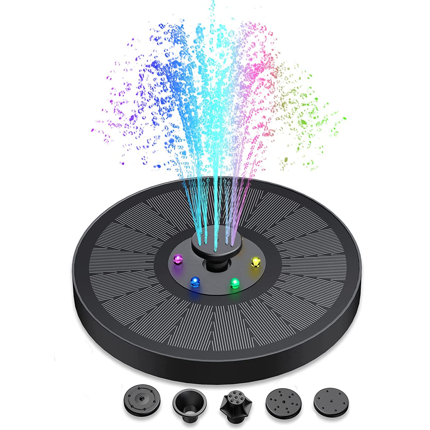 GGEROU Solar Bird Bath Fountain Pump with 6 Colorful LED Lights,Solar Fountain with 5 Nozzles,Free Standing Floating Solar Powered Water Fountain Pump for Bird Bath, Garden, Pond, Pool, Outdoor