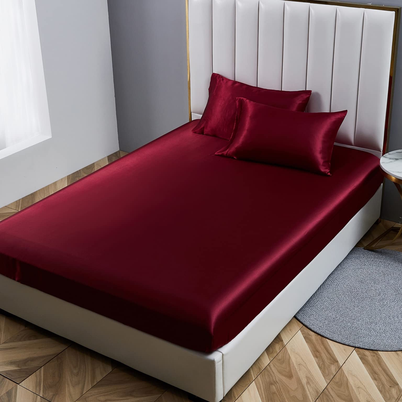 Damier Spannbettlaken 120x200cm Rot Weinrot Satin Seide Glänzend Bettlaken Hochwertiges Deluxe Unifarben Spannbetttuch, geeignet für Matratzen bis 30cm