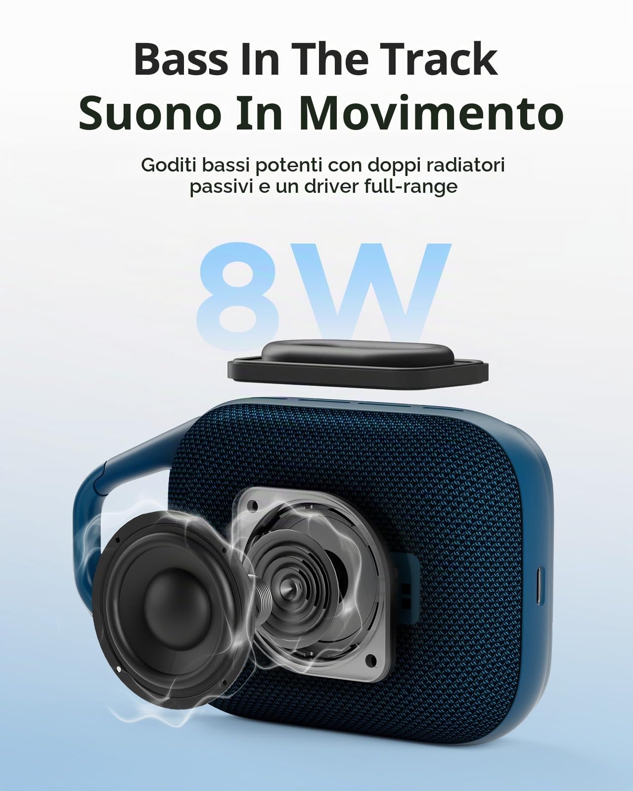 Tronsmart Mirtune H1 5.3 Altoparlante Bluetooth portatile, resistente all'acqua IPX7, 20 ore di riproduzione, volume elevato, bassi potenti, EQ personalizzato, ciclismo, escursionismo, viaggi - Blu
