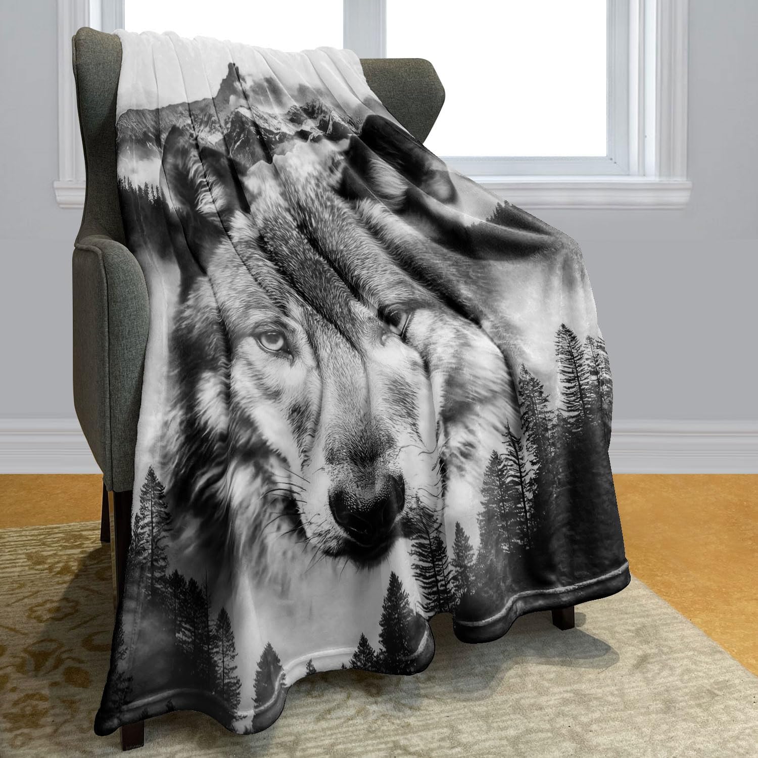 Wolf Fleece Blanket for Wolf Lovers 60" x 80" Mountain Nature Throw Blanket Cozy Soft Warm Gifts for Adult Teen