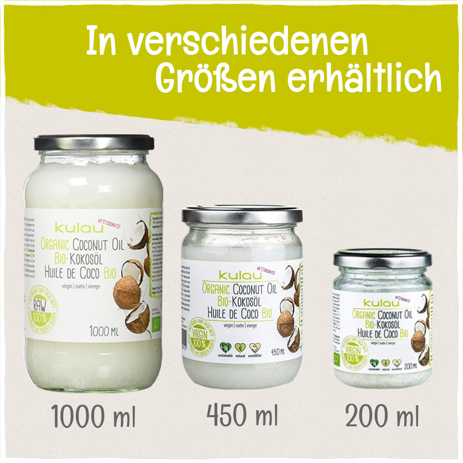 Kulau Ekologiczny olej kokosowy do skóry i włosów, tłuszcz kokosowy do gotowania i smażenia, olej kokosowy natywny i tłoczony na zimno (6 x 200 ml)