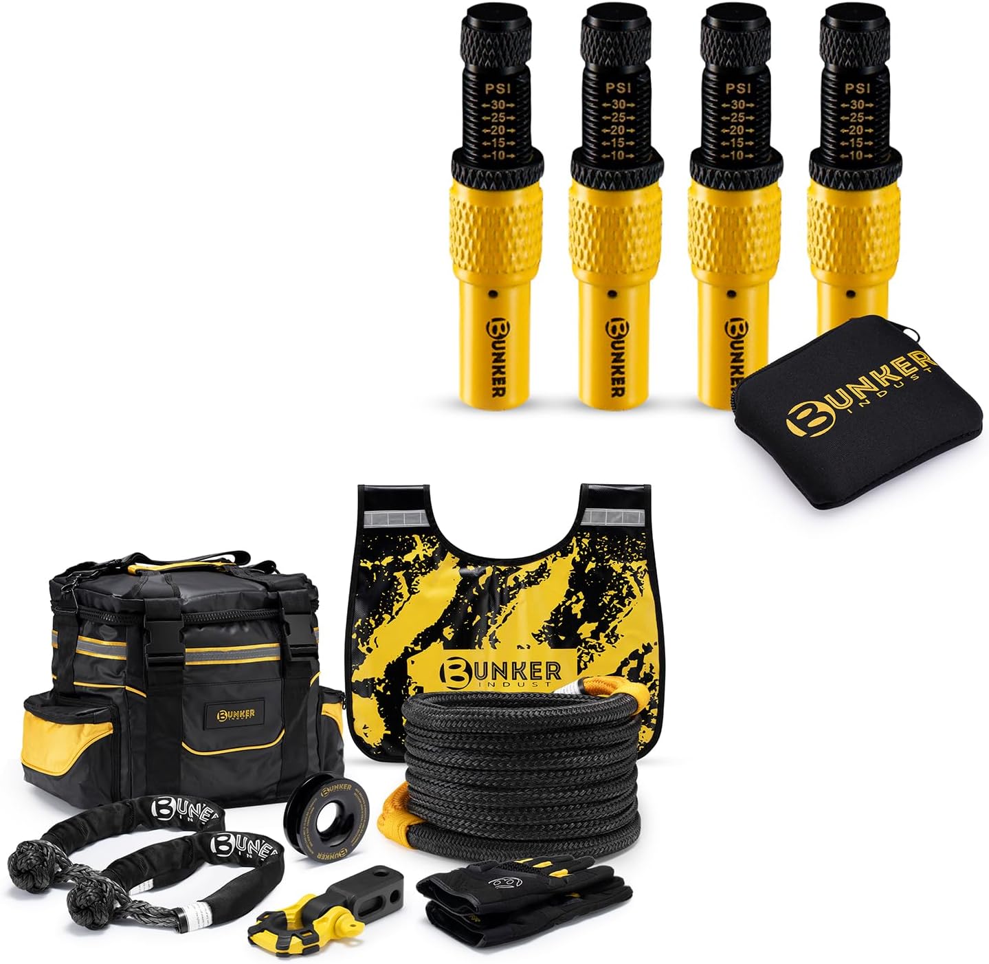 BUNKER INDUST 1"×30ft Kinetic Recovery Rope Recovery Kit + 4 PCS Adjustable Auto-Stop Tire Deflator Valve Kit (10-30 PSI)