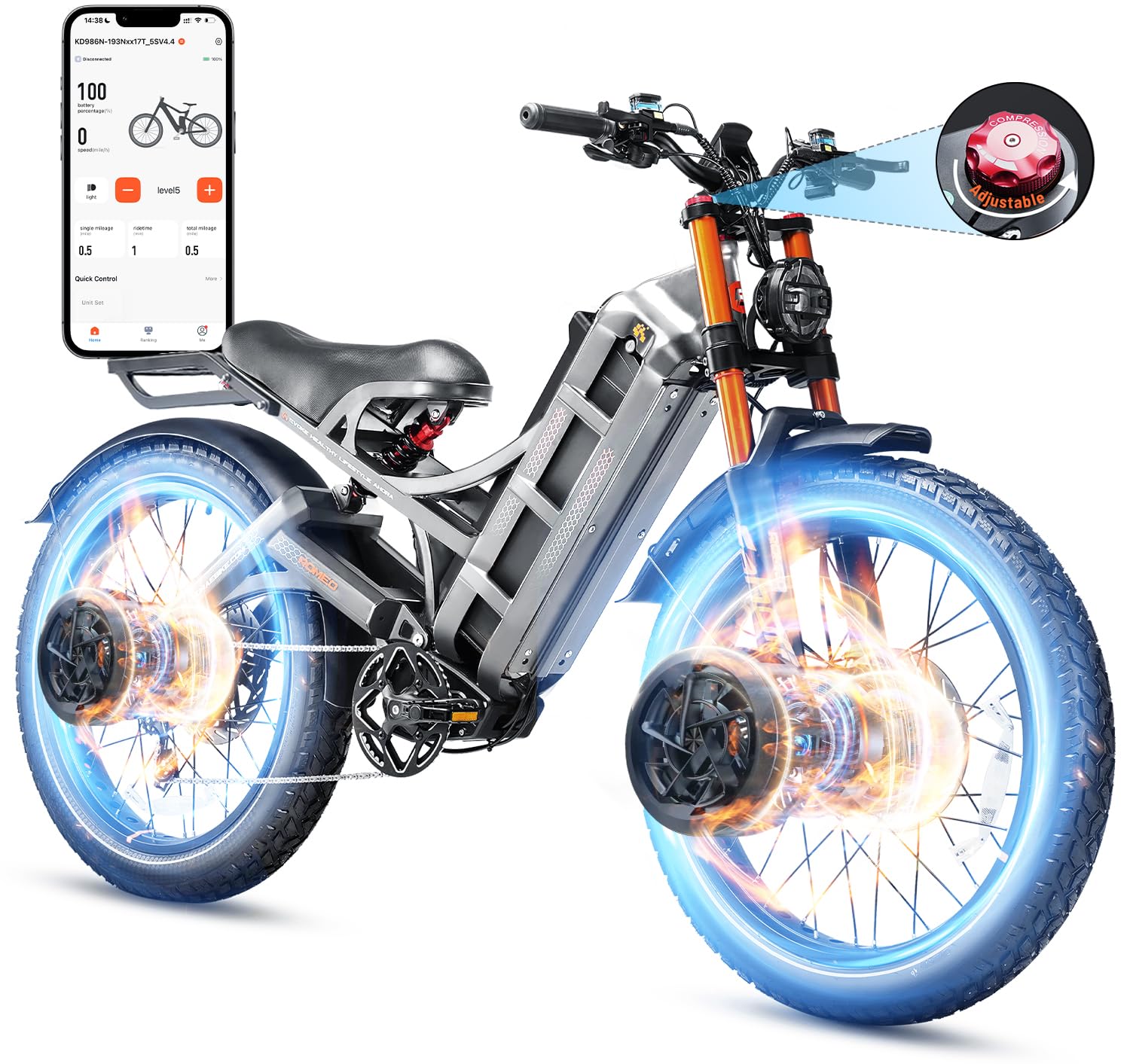 eAhora 2025 Romeo Pro 3/ Pro 2 5600W/ 4000W 46-50MPH Dual Motor Electric Bike for Adults, 80/70Ah/200+ Miles Long Range Electric Bike, 26'' Puncture-Proof Tire, 7-Speed Pedal Assist UL Certificate
