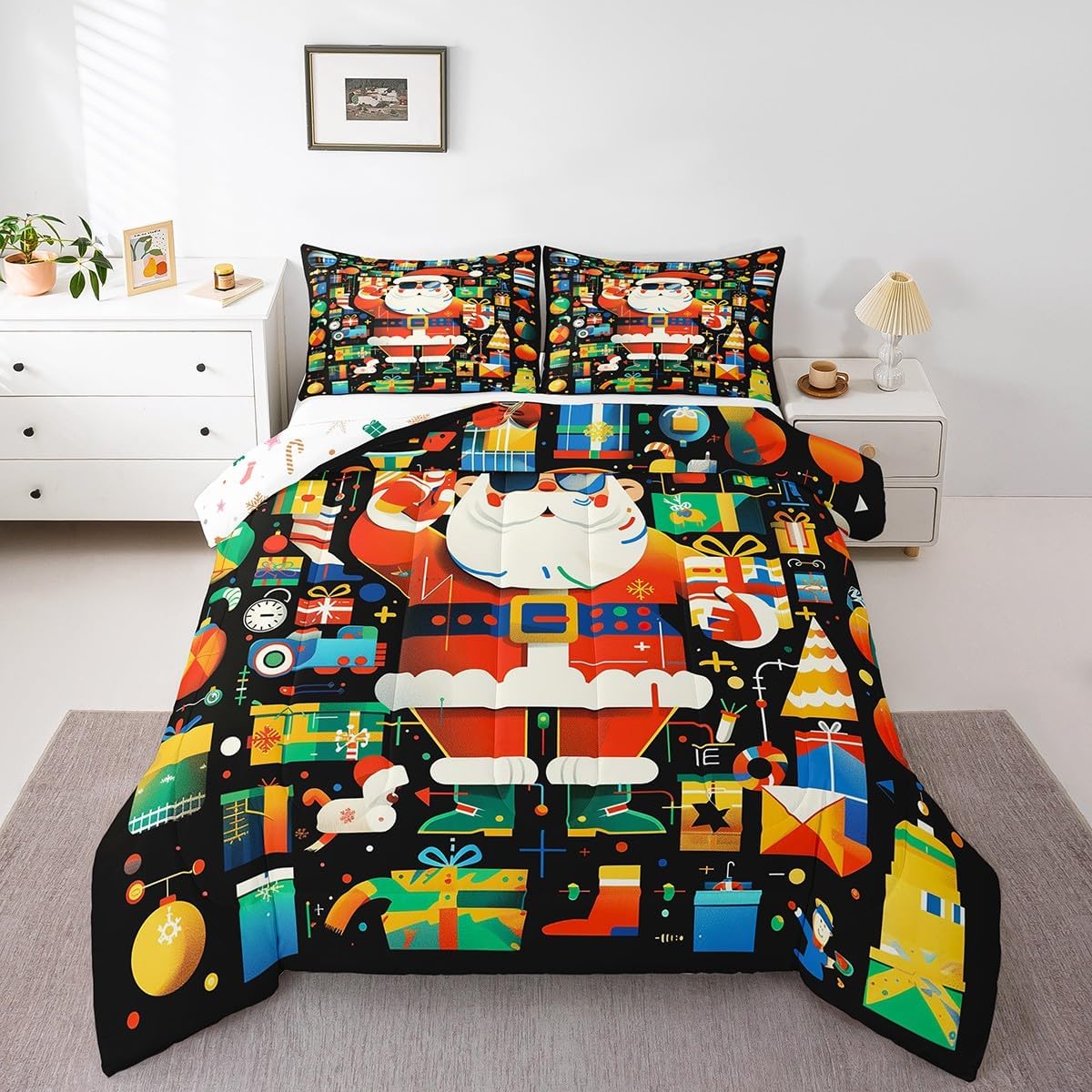 Feelyou Christmas Comforter Set Toddler Size Christmas Theme Santa Claus Bedding Set Xmas Holiday Decor Comforter Soft Down Alternative Comforter Sets with 1 Pillowcases