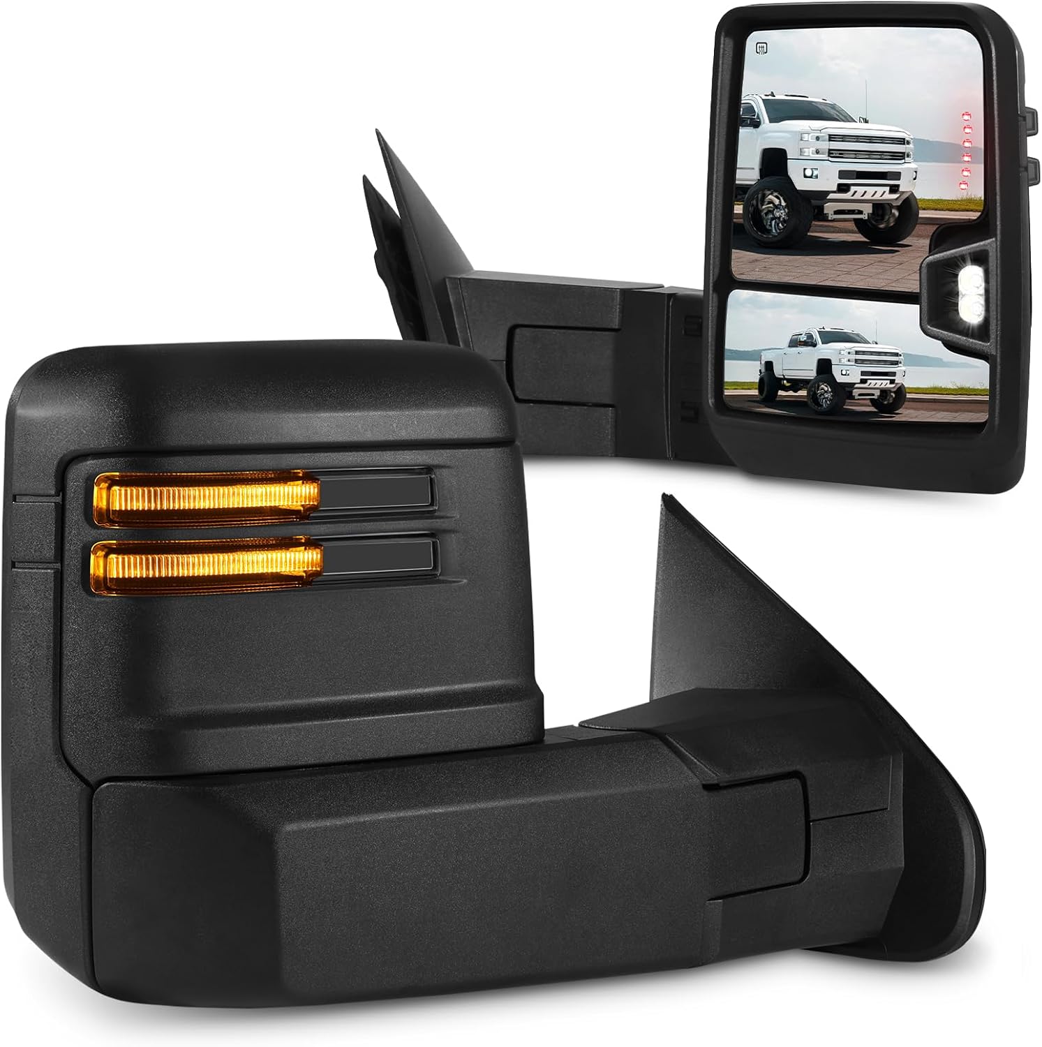 Tow Mirrors for 2014-2018 Chevy Silverado GMC Sierra 1500 2500HD 3500HD Power Heated Towing Mirror with Turn Signal Running Light Backup Lamp Temp Sensor Manual Folding & Telescoping Black