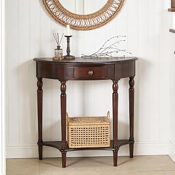Solid Wood Console Table with Drawer and Shelf,Half Moon Porch Table,Semi Circle Entryway Table,Vintage Sofa Table for Living Room, Hallway & Entrance Decor