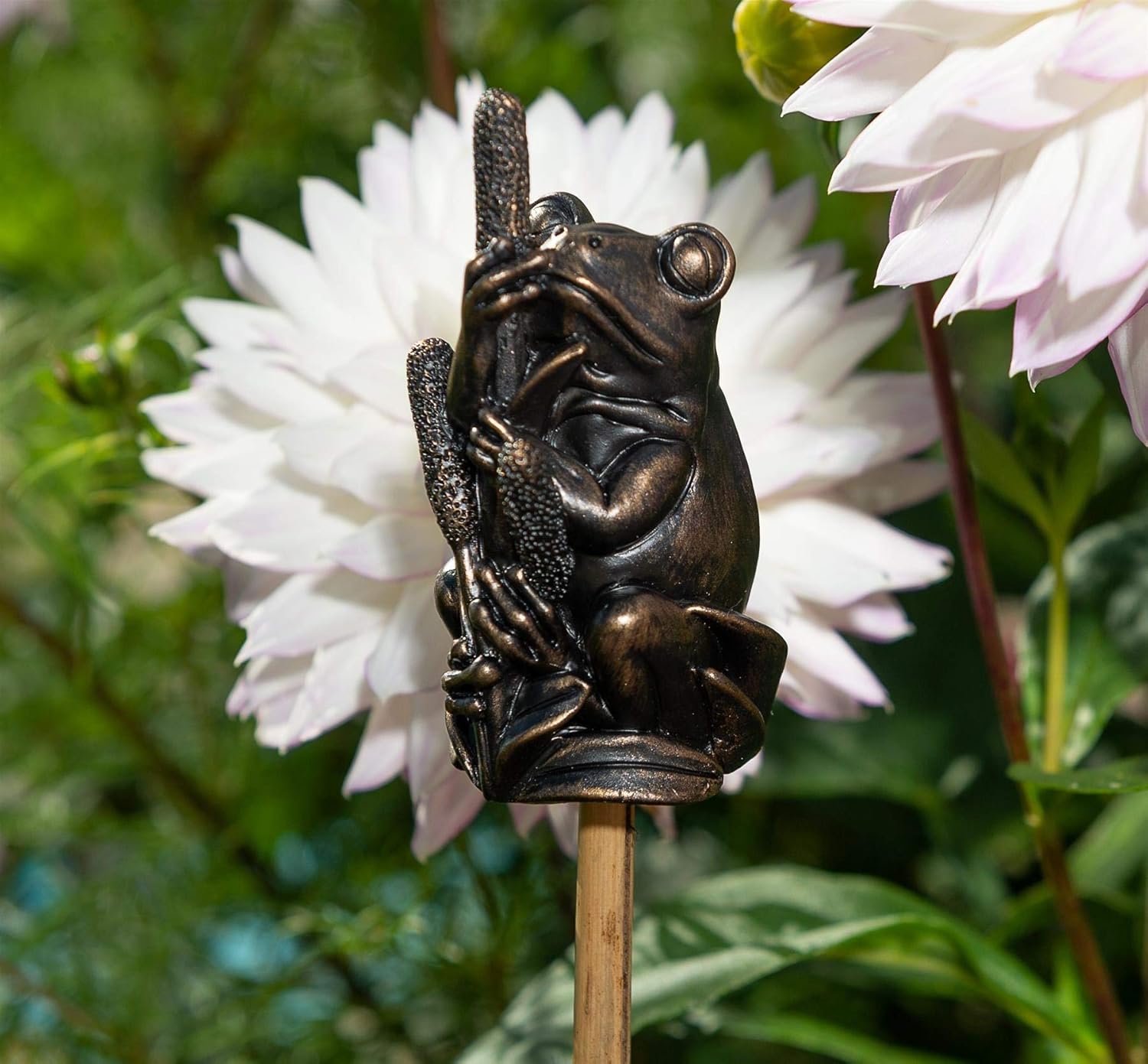 Potty Feet Cane Companions Frog On Bullrush Stake Topper - Handmade Flower Pot Ornament - Yard Art Outdoor Figurine