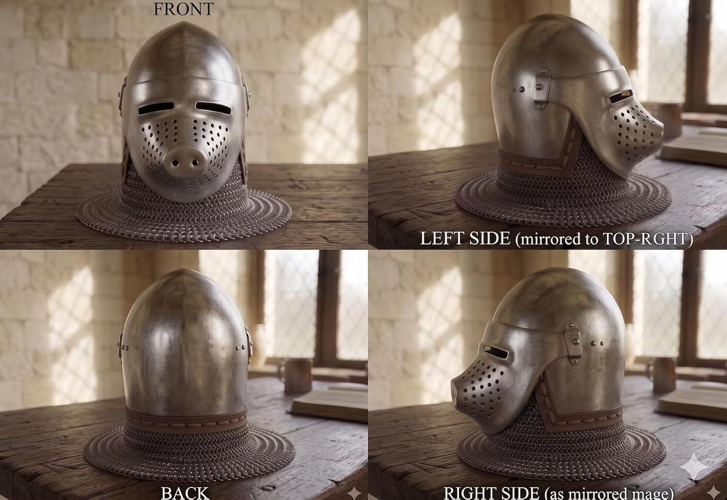 Handmade Medieval Pig Face Steel Knight Helmet, 16 Gauge, Sponge Padded, for LARP Cosplay Reenactment, Adult Size 24-25 Inch Circumference