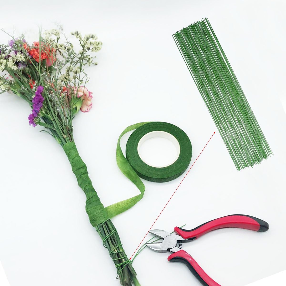 Woohome Floral Stem Arrangement Tools Kit with Wire Cutter Green Floral Tapes 26 Gauge Green and Dark Brown and White Floral Stem Wire and 22 Gauge Paddle Wire for Bouquet Stem Wrap Florist