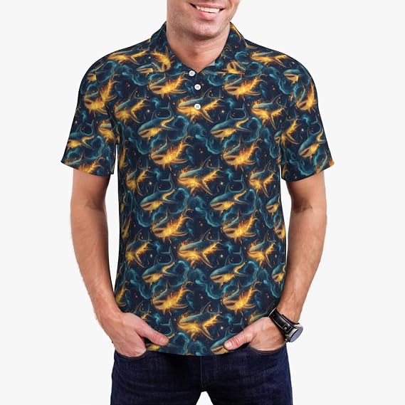 Golden Flame Shark Print Polo Shirts for Men-Funny Golf Shirts for Mens Short Sleeve Polos Polo T Shirts