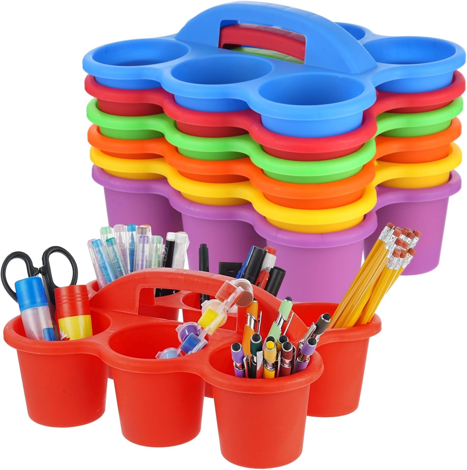 Joyibay 6 Pcs Classroom Caddy Organizer, Desktop Plastic Caddy, Drink Holder with 6-Compartment & Handle, Multifunctional Storage Holder for Crayons, Pencils, Markers & Office Supplies (Multicolor)
