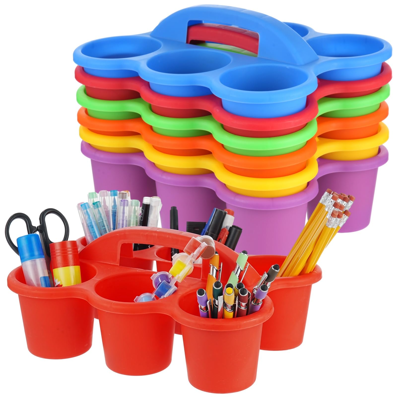 6 Stk. Classroom Caddy Organizer, Kunststoff-Schreibtischcaddy, Becherhalter mit 6 Fächern und Griff, Aufbewahrung für Buntstifte, Stifte, Marker und Bürobedarf, mehrfarbig
