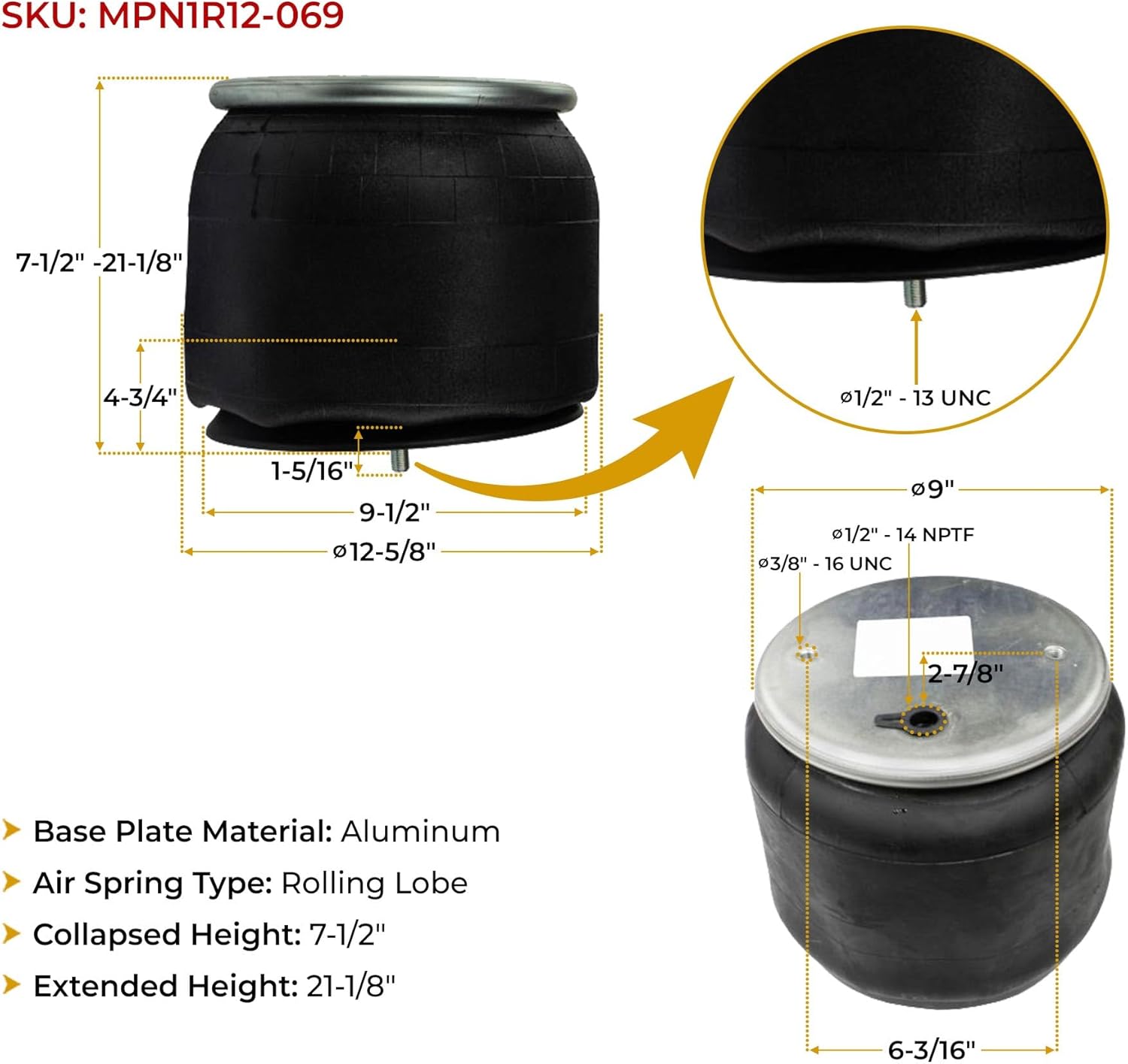 Mytee Products 2 Pack 1R12-069 Air Spring Bag For Peterbilt 330 335 337 348 357 359 377-379 567 579 & 587 Series Trucks - Replaces W01-358-9069 03-01649 3130497 1R12669