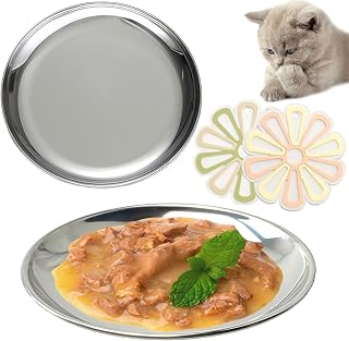 Stainless Steel Cat Dishes Whisker Fatigue Shallow Bowl Food Dishes Cat Wet Food Plate with Non-Slip Mats (6.7 Inch, 2 Sets)