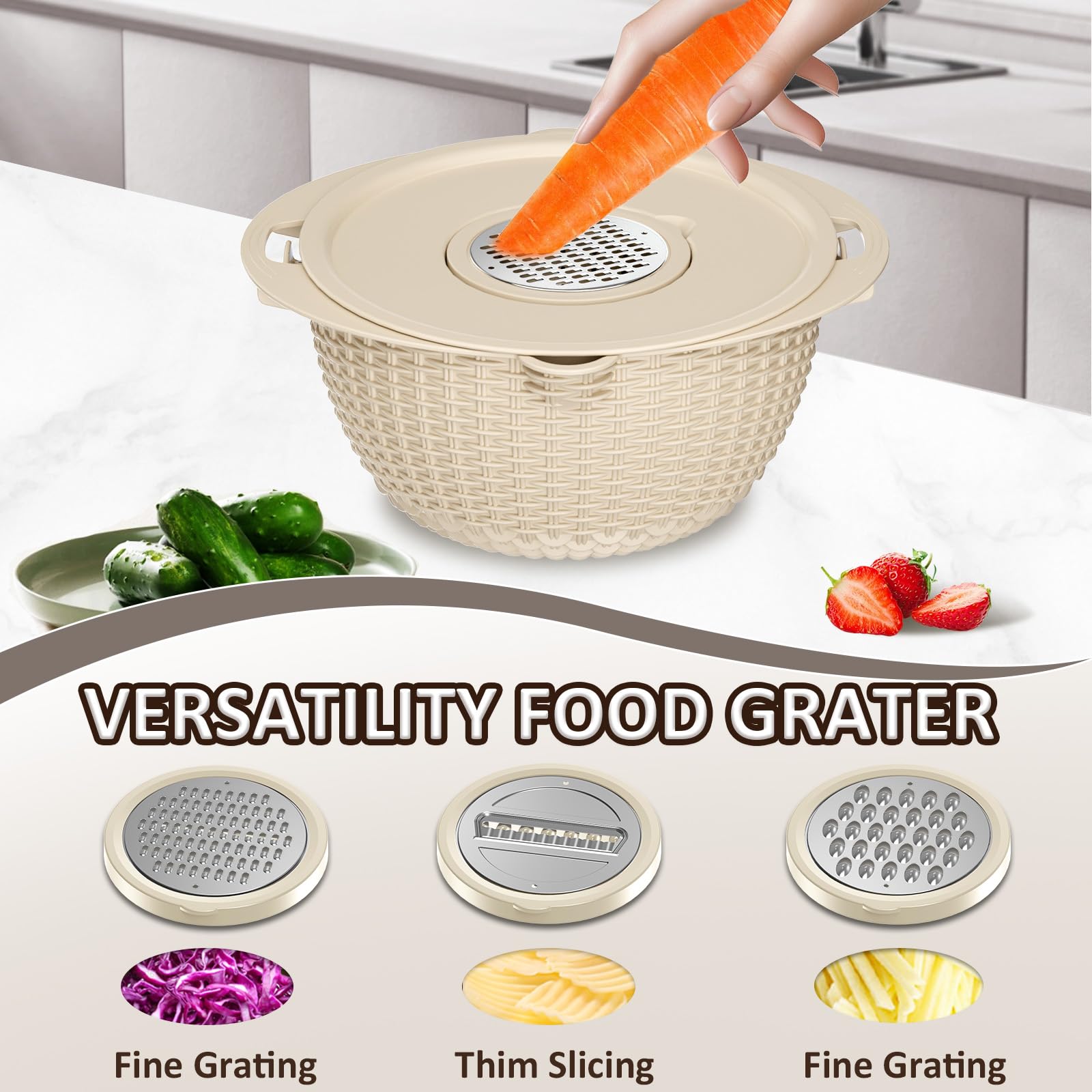 Scolapasta, 4-1 con ciotole per mescolare, colini per cucina, colini per alimenti con grattugia, gadget da cucina cestino per scolare pasta, verdura, frutta e verdura, beige