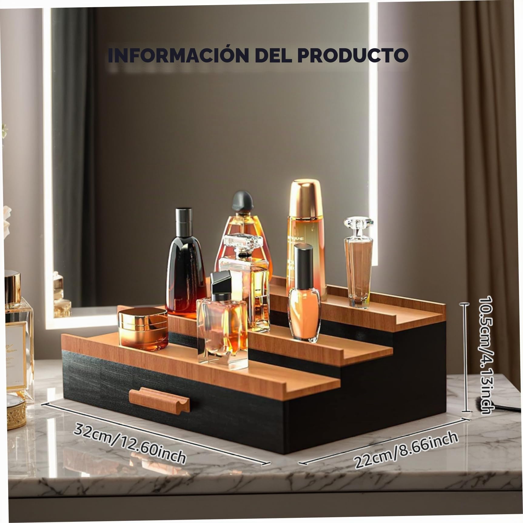 Organizador de perfumes, Soporte de Perfume de Madera de 12.6x8.7x4.1 Pulgadas, Organizador de Colonia Elevado de 3 Nivel