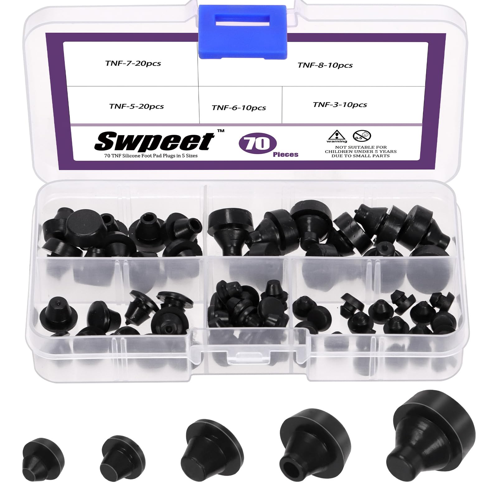 Swpeet 70Pcs 5 Sizes Rubber Silicone Push in Bumpers Feet Fits 3/5/6/7/8mm Hole Kit, Rubber Bumpers with Stem, Locking Hole Plugs, Push-in Ridged Stem