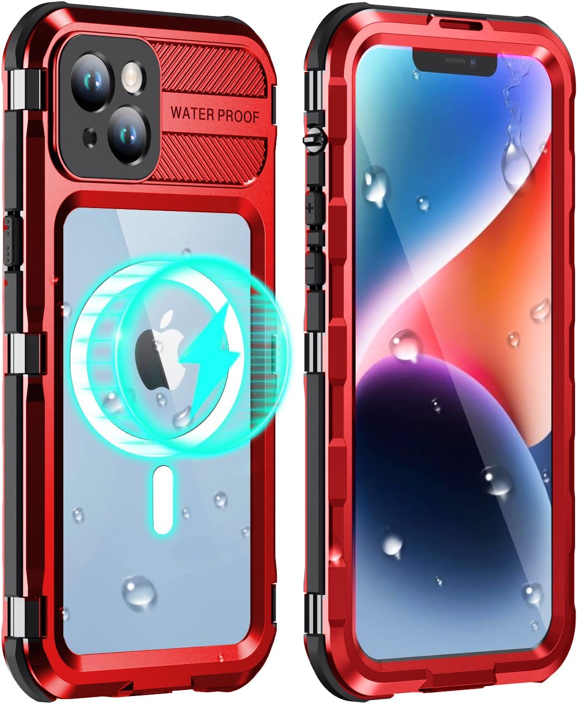 WIFORT for iPhone 14 Waterproof Case - Metal Full Body Protection Case Built-in [Screen Protector][IP68 Water Proof][14FT Military Grade Dropproof][Compatible with MagSafe] Phone Cover, 6.1" Red