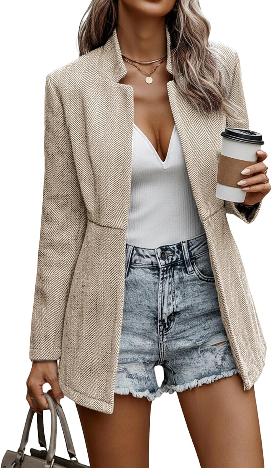Mina Self 2026 Spring Women’s Herringbone Tweed Blazer Jacket – Long Fully Lined Open Front Work Office Coat with Pockets