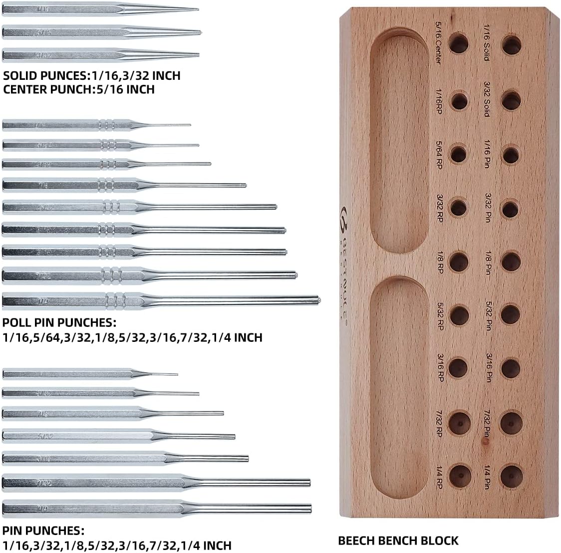 BESTNULE Punch Set, Roll Pin Punch Set, Punch Tools, Made of Solid Material Including Steel Center Punch and Nail Punch with Beech Block, Ideal for Machinery Maintenance - - 
