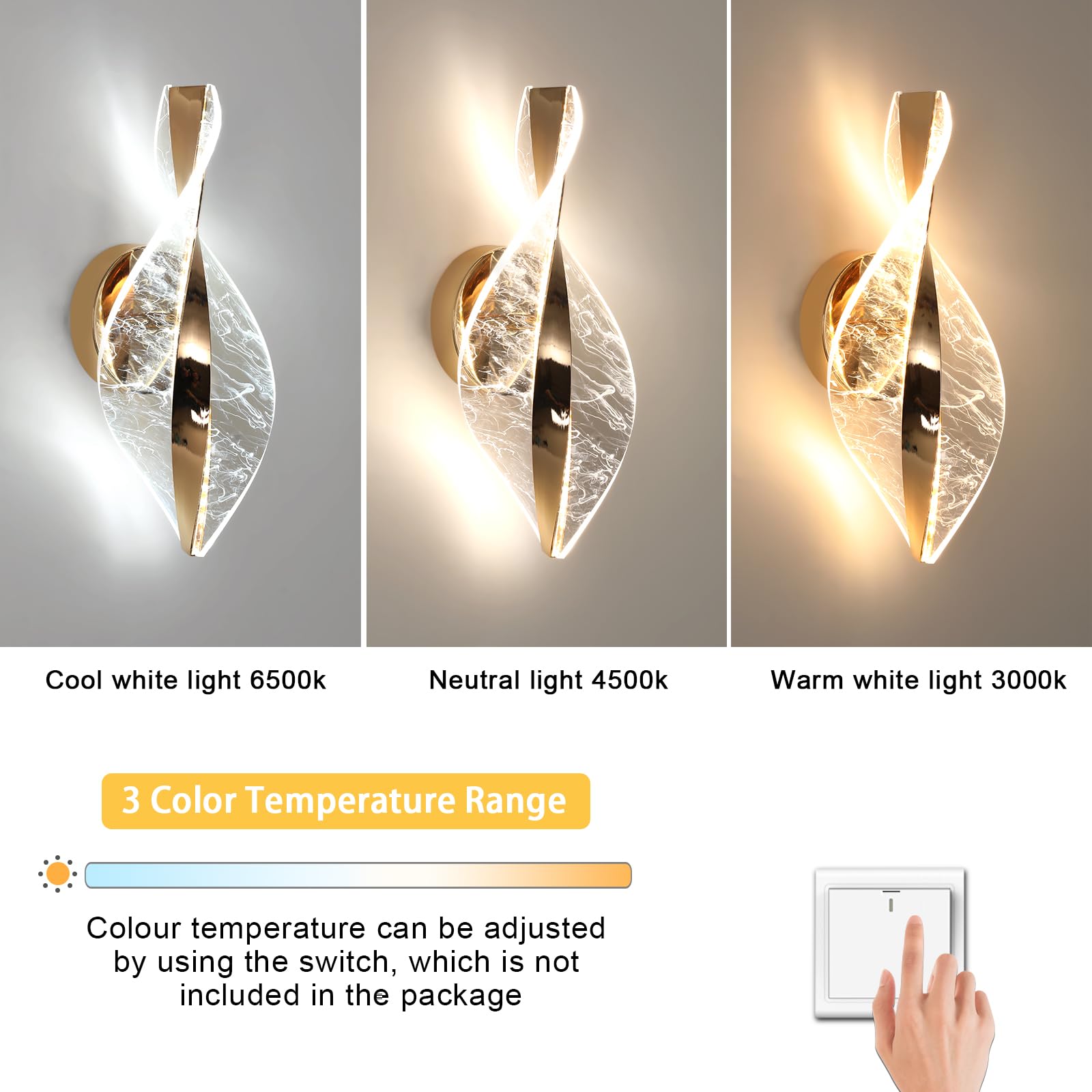 Comely Kinkiet LED, Złoty 12W 2000LM Regulowana Nowoczesna Lampa Ścienna LED, 3 Temperatury Barwowe 3000K/4500K/6500K Wewnętrzna Lampa Ścienna Do Sypialni Korytarza Salonu Sali