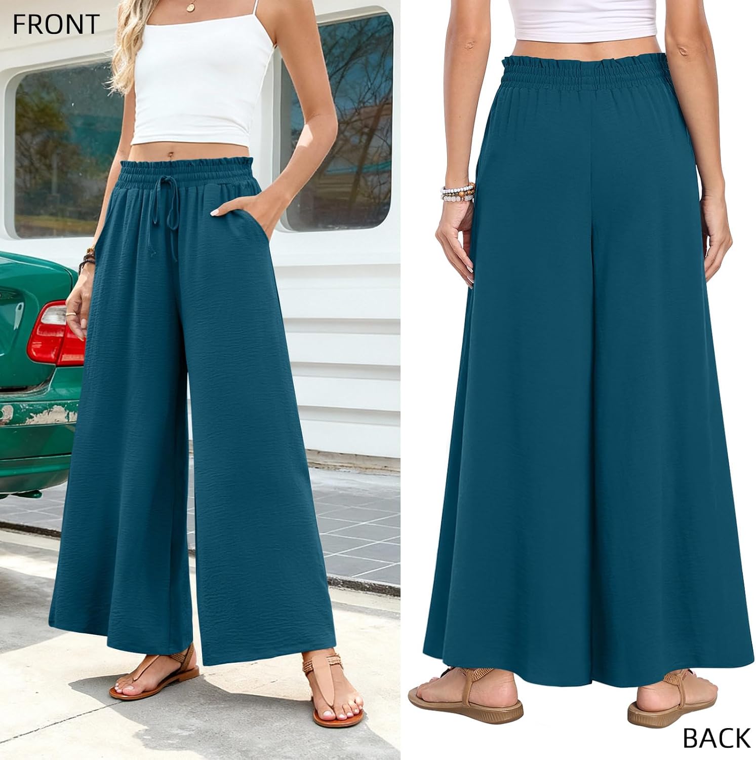 Bestbee Palazzo Pants for Women Dressy Casual Wide Leg Slacks Elastic Waist Outfits Flowy Pant with Pockets - Image 5
