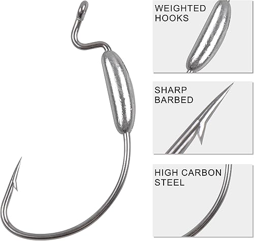 Miniatura 2 de Gancho de pesca con gusanos pesados, 20 ganchos de gusano con espacio ancho desplazado para bajos, ganchos de cebo pesados, para plásticos suaves,