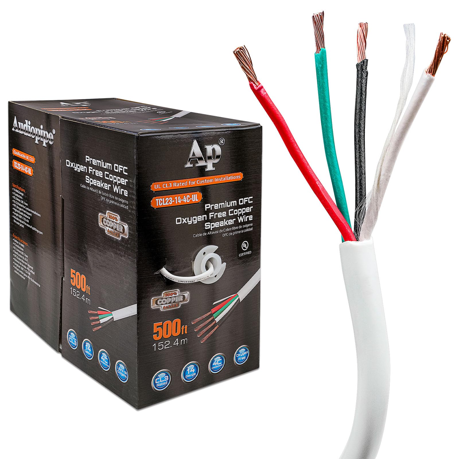 Audiopipe Premium 14 Gauge Advanced Oxygen Free Copper (OFC) Speaker Wire (TCL23-14-4C-UL), 500 Ft, Ripcord, UL CL3 Rated, PVC Jackets, 4 Conductors