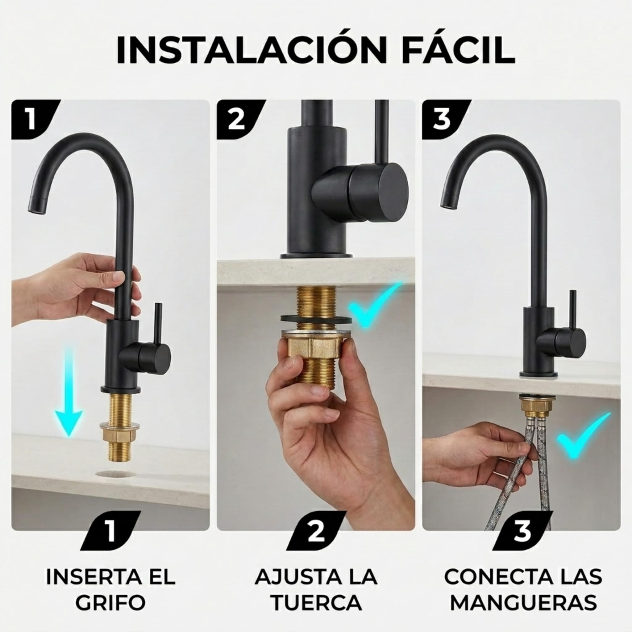 VALAZ Grifo de cocina monomando giratorio 360 negro mate para fregadero