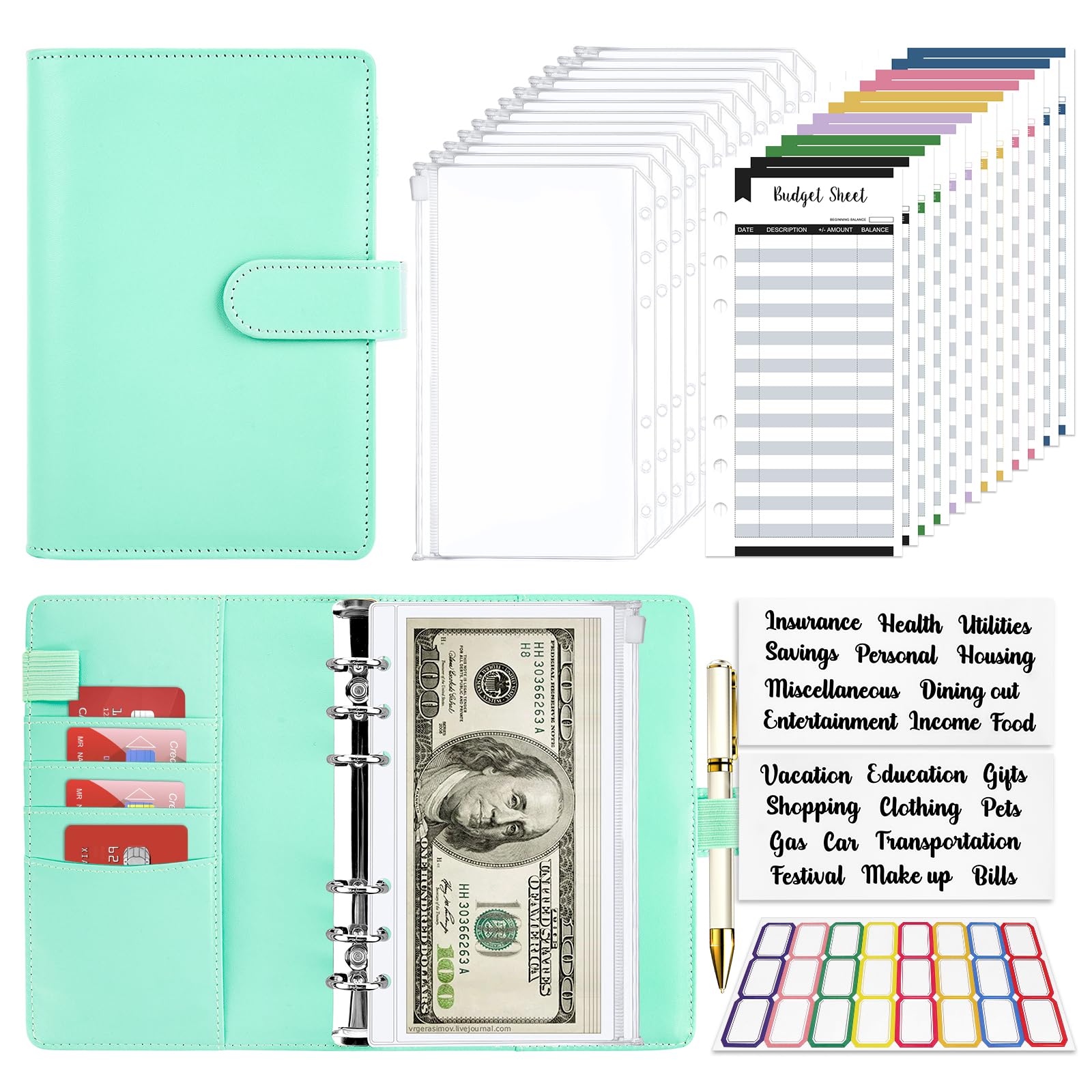 Onlyesh Budget Organizer - 28Pcs Zipper Binder with Cash Envelopes (Green)