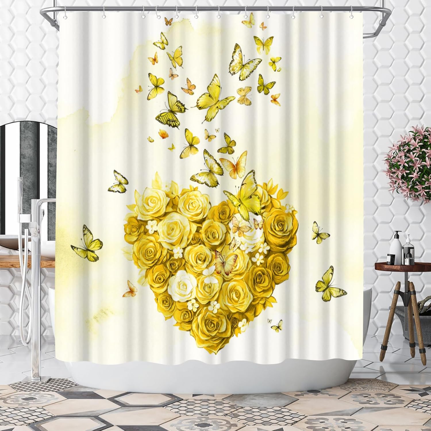 WELMECO Flower and Butterfly Shower Curtain, Romantic Heart Bathroom Decor Polyester Fabric 72x72inch Bath Curtain with Hooks (Yellow)