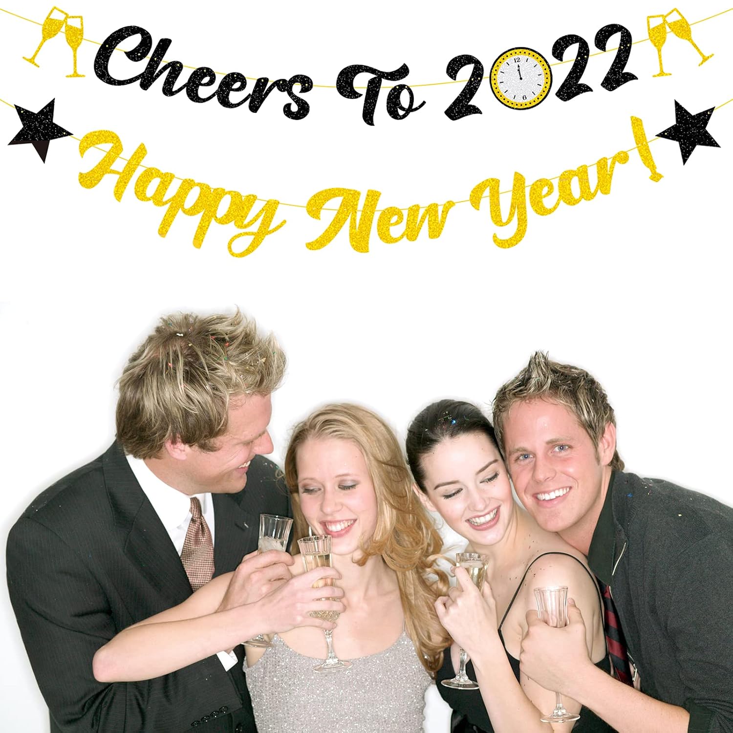Elicola Happy New Year with Cheers to 2024 Banner Bunting New Year Eve Black Gold Glitter Backdrop for Party Decorations - Image 5