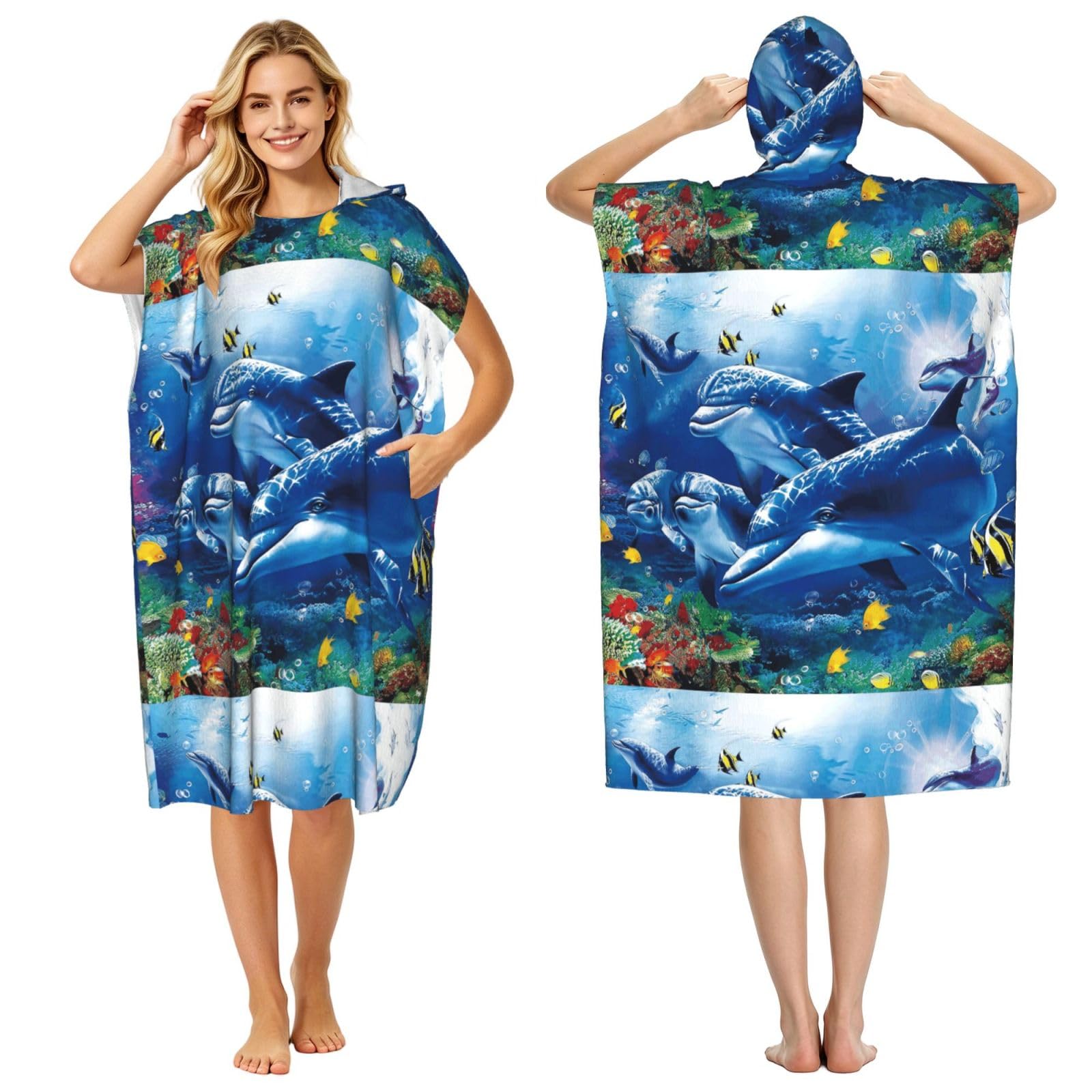 Poadnly Marine Life Blue Sea World Coral Dolphin, Adult Hooded Beach Towel 90 x 110 cm,Changing Bath Robe, Surf Poncho Towel For Women Men