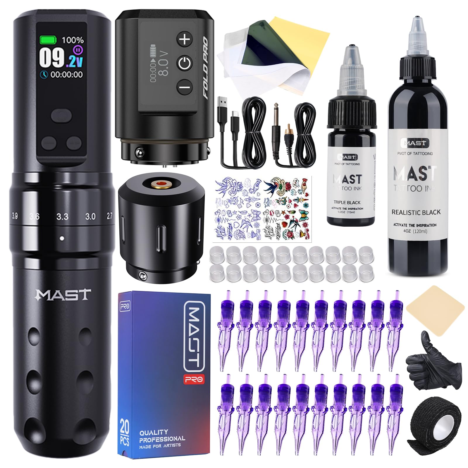 Mast Fold2 Pro Tattoo Kit, Cordless Complete Tattoo Gun Machine Kit, 2 Batteries 4.5oz Black Tattoo Ink Needles Cartridges Kit