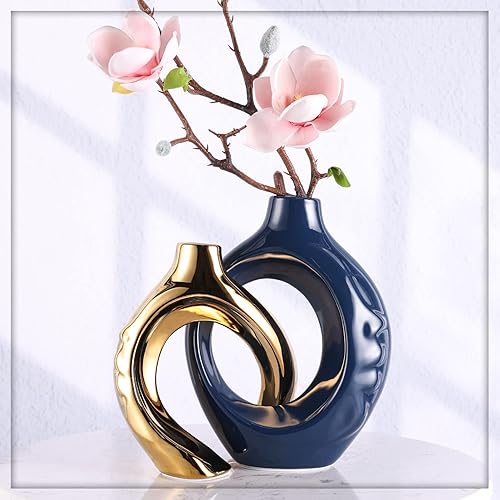 Miniatura 7 de Navy Blue Home Decor Ceramic Vase, Navy Blue Gold Round Vase with Holes Set of 2, Suitable for Wedding Entrance Decoration, Bookshelf, Mantel,