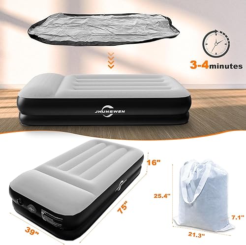 Miniatura 4 de Colchón de aire para campamento colchón de aire individual de superficie flocada colchón inflable elevado de 10 pulgadas con kit de parche cama de