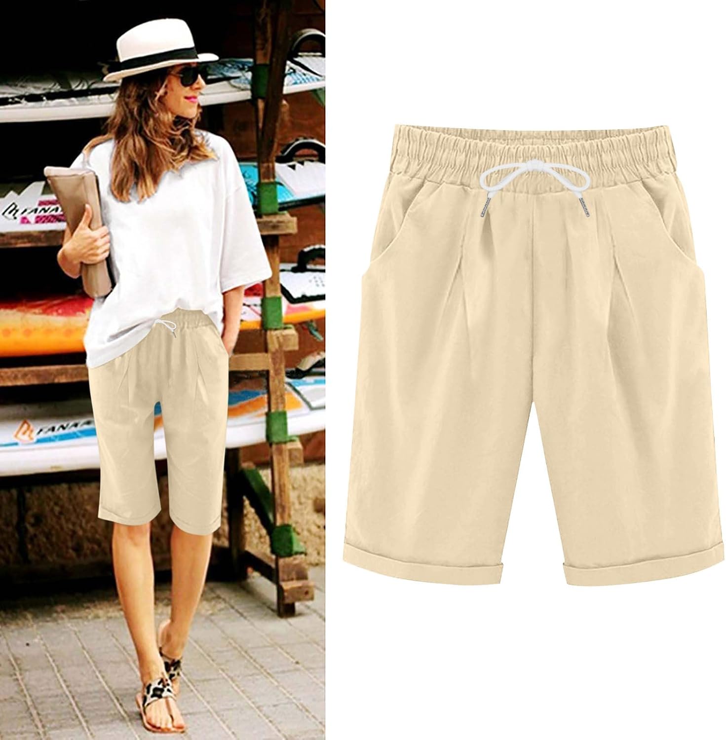 Womens Shorts Lightweight Elastic Waist Drawstring Bermuda Short Knee Length Casual Cotton Linen Pants with Pockets