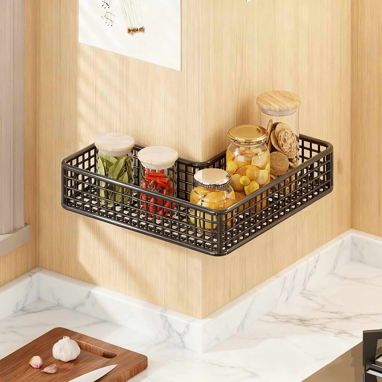LOVIVER Mensola angolare per Doccia in Metallo, Supporto Adesivo, Senza Foratura, Organizer antiruggine per Cucina, Shampoo, WC, Nero 25x10x5cm