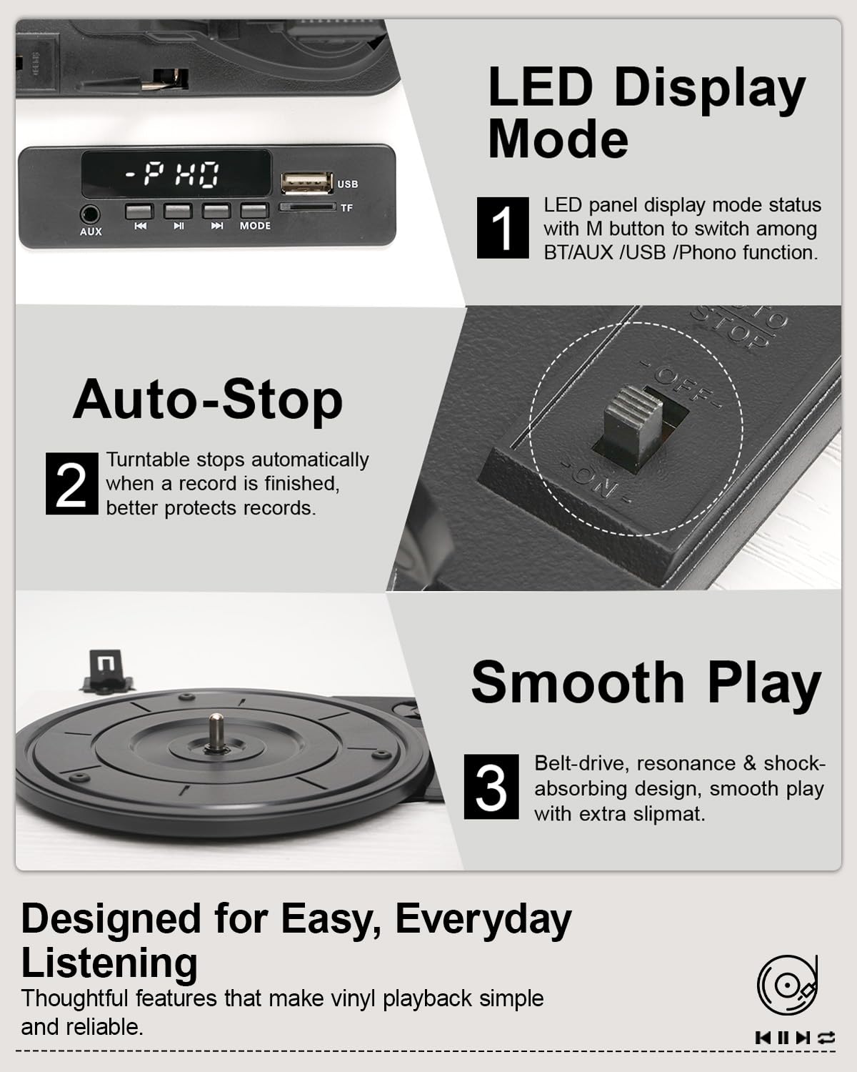 Gramofon Bluetooth, 3-biegowy, retro, winylowy, z wbudowanymi głośnikami, wejście AUX, automatyczne zatrzymanie, nagrywanie USB, napęd pasowy, biały